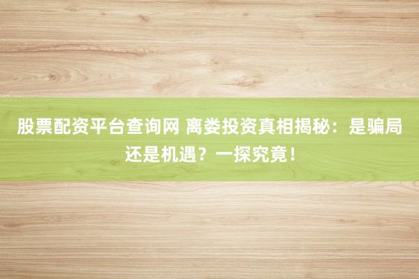 股票配资平台查询网 离娄投资真相揭秘：是骗局还是机遇？一探究竟！